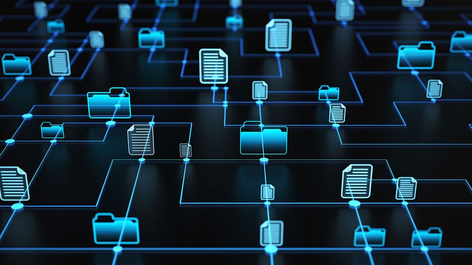 Abstract network diagram showing connected folders and documents representing data flow.