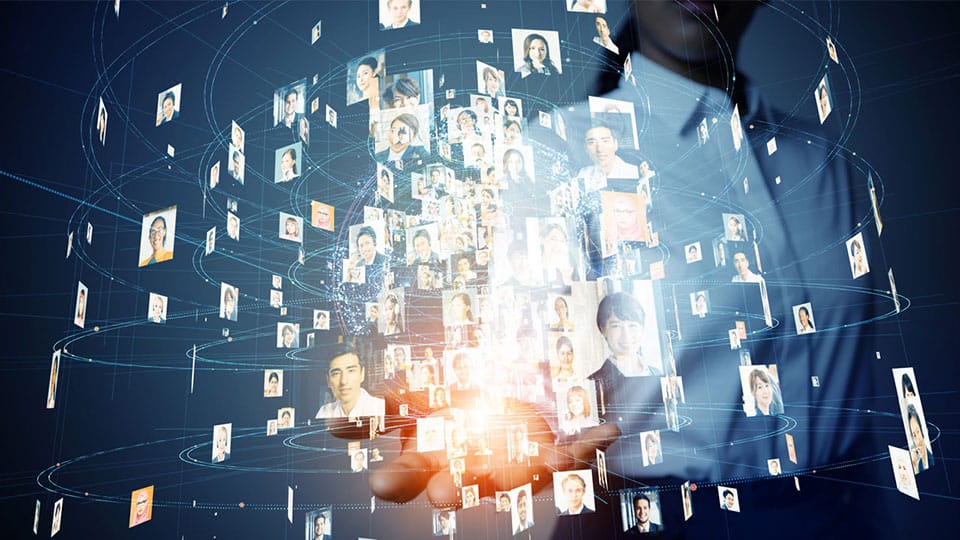 Digital network of diverse people representing an online support community.