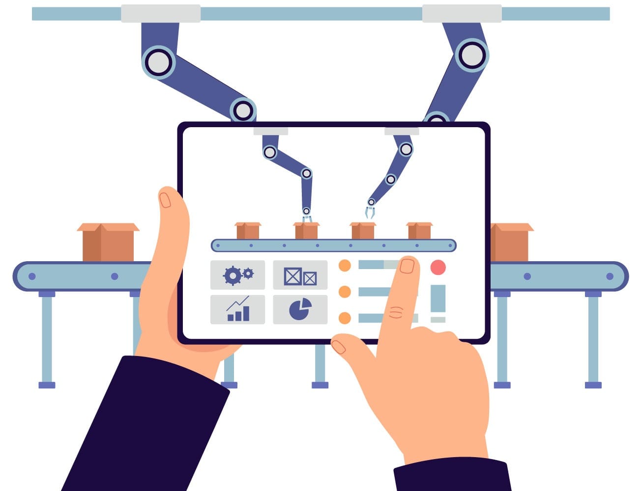 Hands holding tablet controlling robotic arms on factory line