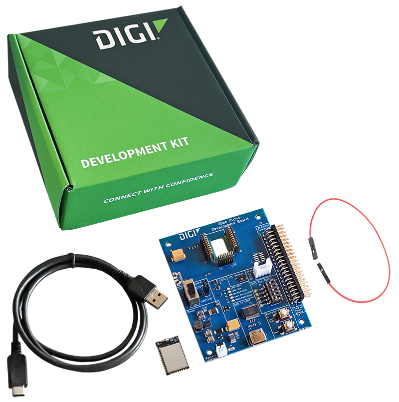 Digi XBee development kit with circuit board, USB cable, antenna wire, and module
