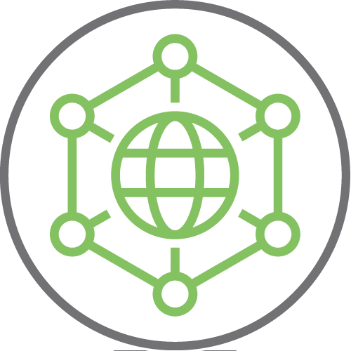 Connected ecosystem icon representing global tools and resources.