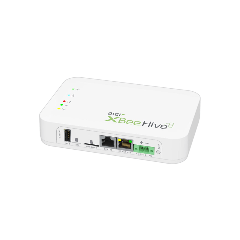 Digi XBee Hive gateway device with Ethernet, USB, and power ports.