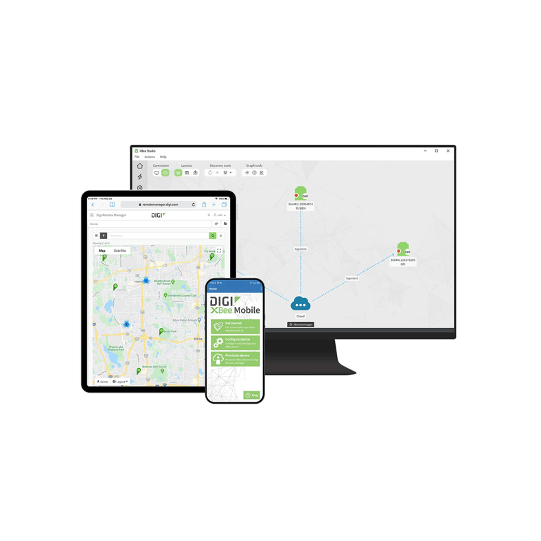 Digi Remote Manager and XBee Studio interfaces shown on desktop, tablet, and mobile screens.