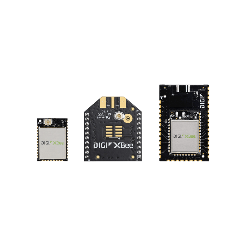 Three Digi XBee wireless modules shown with different form factors.